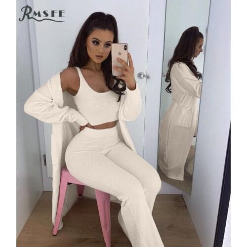 RMSFE 2021 Autumn And Winter Womens Vest Pants Fashion Plush With Belt Bathrobe Long Coat Three Piece Set