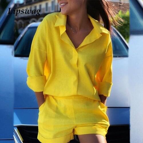 Fashion Spring Summer Long Sleeve Loose Shirt Top + Shorts Outfits Elegant Print Turn-Down Collar Suits Women Solid 2 Piece Sets