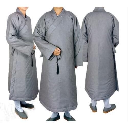 Unisex Winter Monks warm cotton long robebuddhist abbot clothes nungown lay uniforms meditation martral arts clothing gray