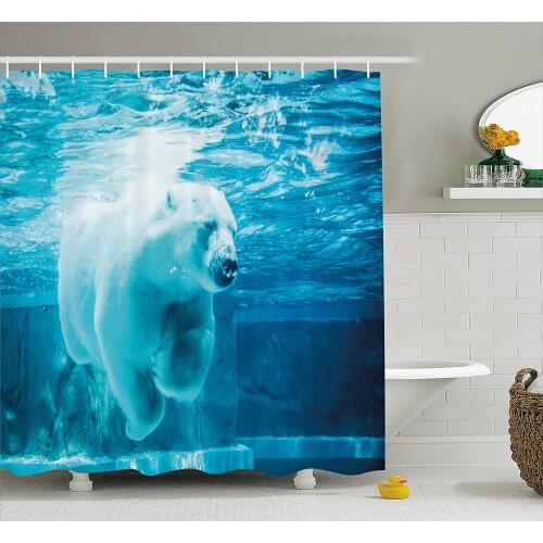 Bear Shower Curtain Arctic Polar Bear Dipping into Water Swimming Ursus Maritimus Underwater View Waterproof Bath Curtains