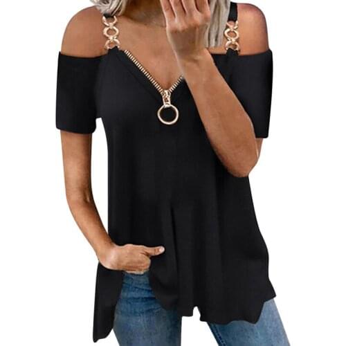 2021 WomenS Slim Slimming V-Neck Zipper T-Shirt Off Shoulder Strap Short Sleeves Tees Solid Color Casual Women Clothing