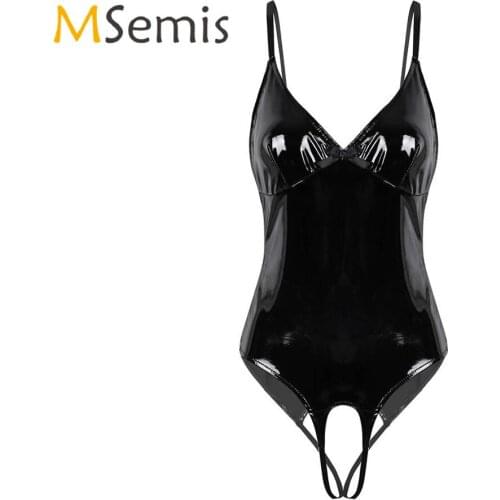 Womens Lingerie Crotchless Bodysuit Wet Look Patent Leather One-piece Open Crotch High Cut Legs Leather Leotard Teddy Bodysuit