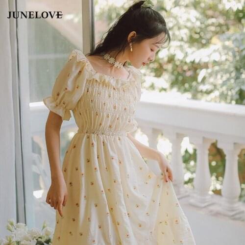 JuneLove Kawaii Dress Women Sweet Lovely Princess Dress Print Vestidos Summer Small Daisy Cute Ruffle Square Neck Elegant Dress