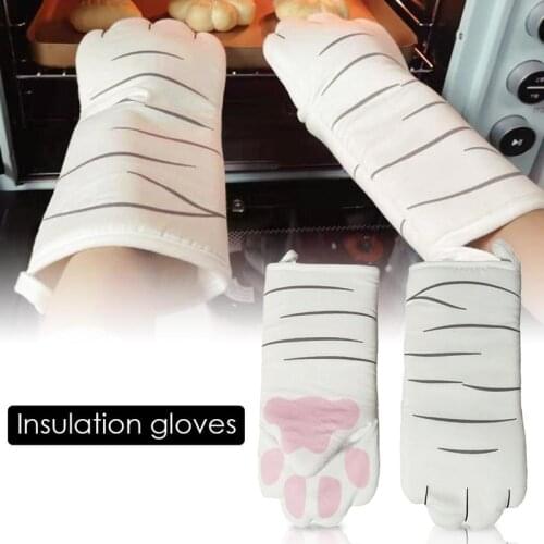 1Pair 3D Cartoon Animal Cat Paws Oven Mitts Long Cotton Baking Insulation Microwave Heat Resistant Non-slip Gloves