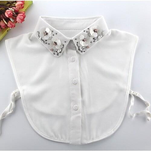 Women Pearl Bead Embroidery Cotton Ruffle Bow Fake Collar New Rhinestone Lace Flower Bandage False Detachable Collar Blouse Tops