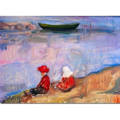 Abstract Art Beach Paintings Landscape Edvard Munch Artwork Two Children Hand Painted Oil On Canvas Modern Pink Wall Decor
