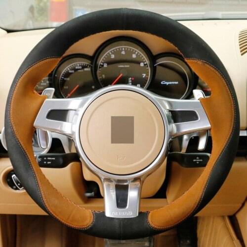 DIY Hand-Stitched Steering Wheel Cover for Porsche Cayenne Panamera 2012 2013 Brown Black Suede Auto interior car accessories