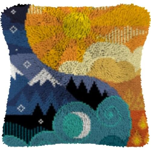 Day and night Pillow Case Canvas Acrylic Yarn Latched Hook Pillow Kits Crochet Cushion Cover Latch Hook Cushion