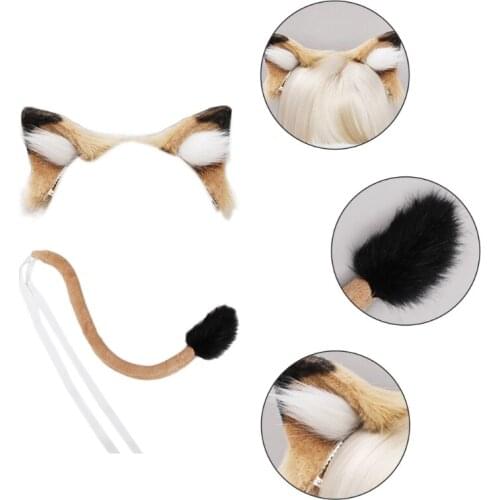 Girls Animal Lion Ears Headwear Tail Set Plush Hair Hoop Lolita Party Headdress Anime Cosplay Party Kawaii Accessories