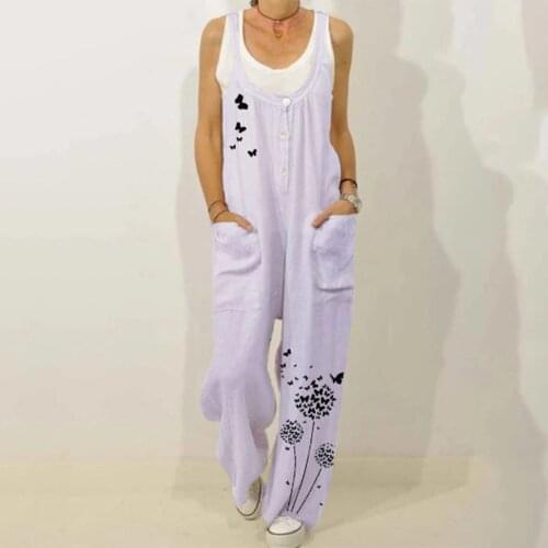 Cotton And Linen Print Jumpsuits Womens Sleeveless Overalls Jumpsuit Casual Summer Wide Leg Bib Pants Overalls Monos Mujer