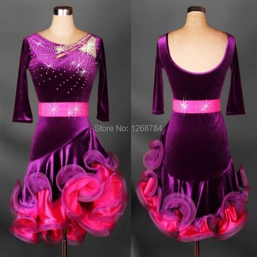 Latin dance costume senior dresses Velvet purple Elegant half sleeves dress for women latin diamond competition dress