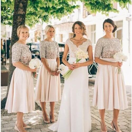 Beautiful Shiny Short Sleeves Beige Sequin Top Short Satin Wedding Guest Dress Bridesmaid Dresses for Girls