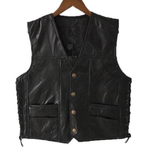 Size: M, L, XL,2XL,3XL,4XL Mens Side Laces Adjustable Black Leather Motorcycle Vest Biker Vests Soft Sheepskin