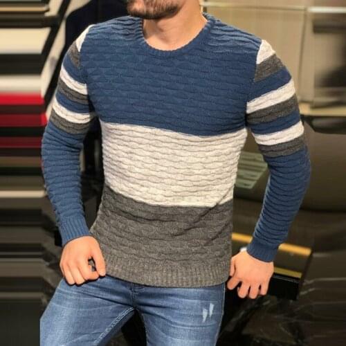 Autumn Winter Warm Thick Slim Knitted Sweater Mens Fashion O-Neck Slim Jumpers Men Casual Patchwork Striped Long Sleeve Sweaters