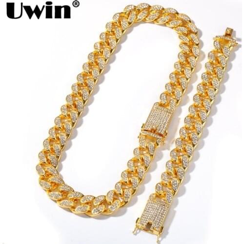 Uwin 20mm Heavy Miami Cuban Link Chain Necklace & Bracelet Set Full Iced Out Rhinestones Bling Bling Hiphop Jewelry For Men