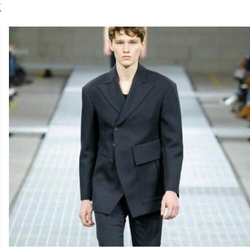 New Mid-Length Trendy Men Personality Brand Suits Coats European Fashion Asymmetric Jackets Trend Big Pocket Blazers