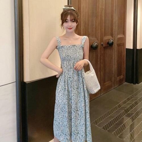 Dress Spring and Summer New Korean Version of The French Retro Floral Sling Skirt High Waist Thin Section Mid-length Skirt