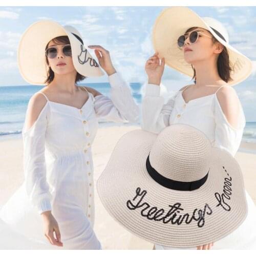 Beach hat womens summer big brim letters love heart visor visor folding embroidered cover travel straw bucket hat