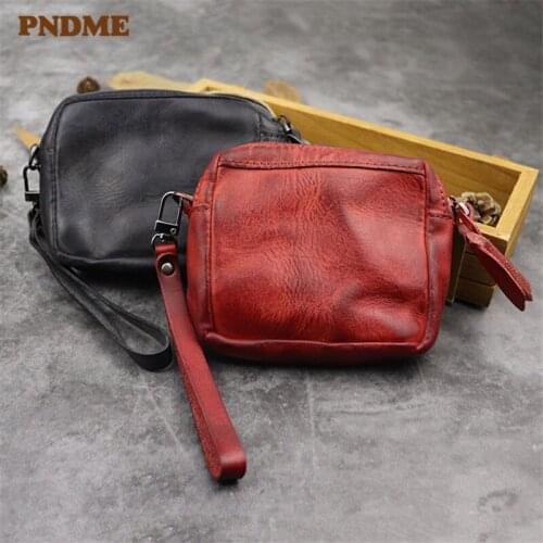 PNDME vintage high quality soft genuine leather mens womens small coin purses cowhide zipper credit card ID holders wallets
