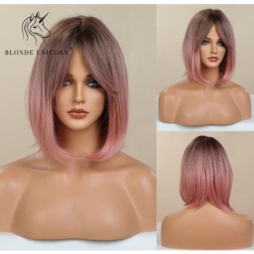 BLONDE UNICORN Straight Synthetic Short Bob Wig Ombre Brown to Pink with Bangs Lolita Party Daily Hair Wigs For Women