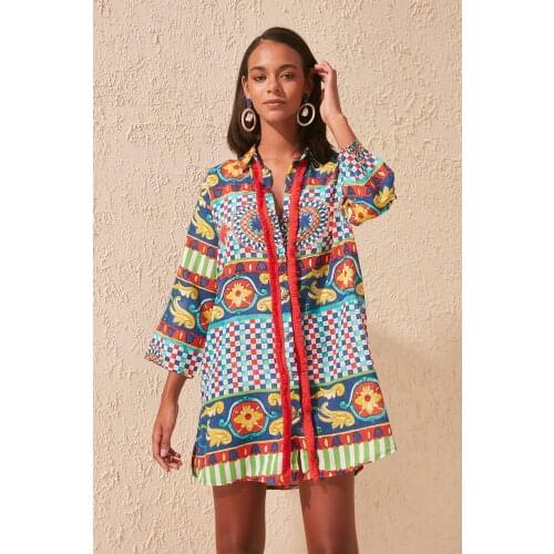 HAFMER Mosaic Pattern Tasseled Voile Shirt