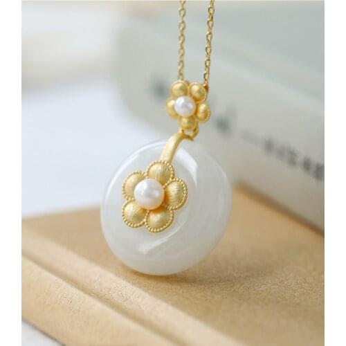 S925 Sterling Silver Inlaid Natural Hetian Jade White Jade Necklace Female Plum Freshwater Pearl Clavicle Chain Pendant