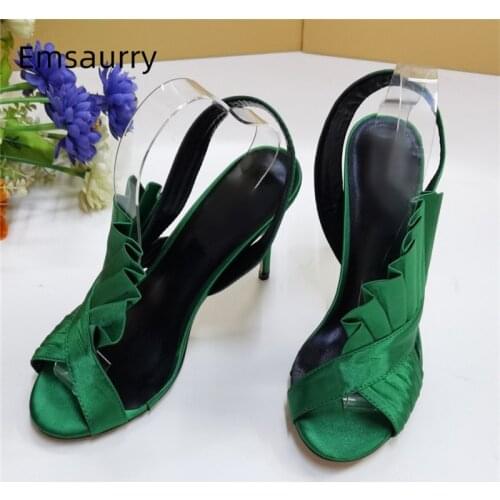 Green Satin Pleated Ruffles Runway Sandals Women 10cm Stiletto Heel Sewing Back Strap Open Toe Summer Shoes Woman