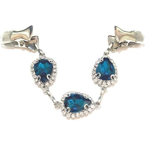Unique Peacock Blue Crystal Shawl Cloak Clips Women Rhinestone Cardigan Chain Clasp Sweater Guard Jewelry Brooch Hook