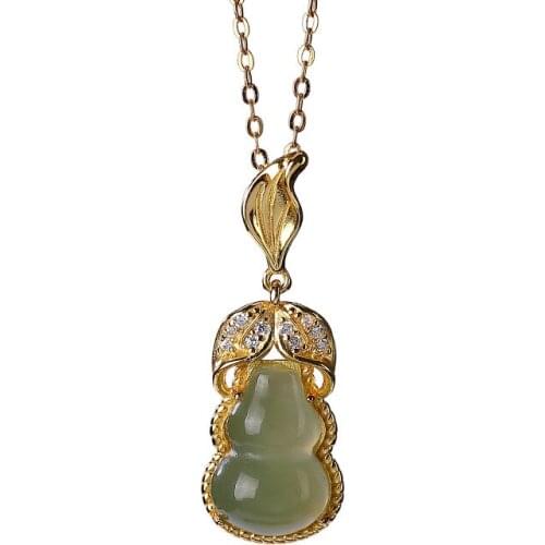 925 sterling silver gold plated natural Hetian gray jade pendant vintage personality leaf gourd Lady pendant