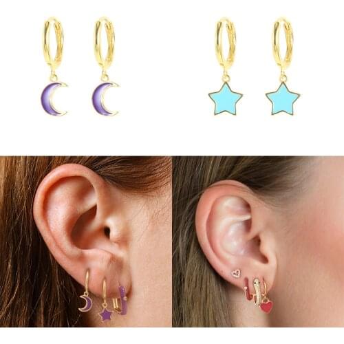 Viny Star Moon Enamel Drops Oil Earrings For Women 925 Sterling Silver Earrings Hoops Pendientes Plata Fine Jewelry 2021 Trend