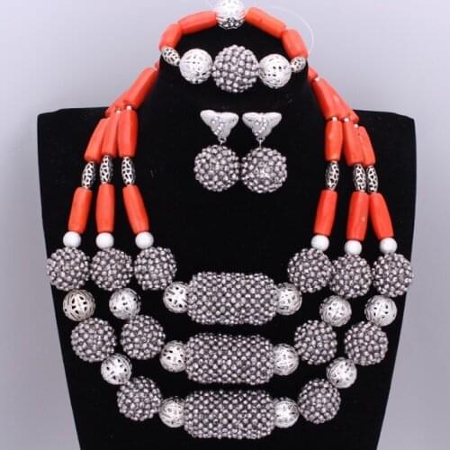 African Wedding Beads Set Silver Red Nature Coral Beads Jewelry Sets For Brides Nigerian Necklaces Set for Women Free Shipping