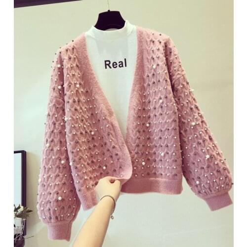 Handmade Pearls Beaded Sweater Coat Womens Autumn Winter V-Neck Loose Retro OL Jacket Knit Cardigan Knitwear Crop Tops Sueter