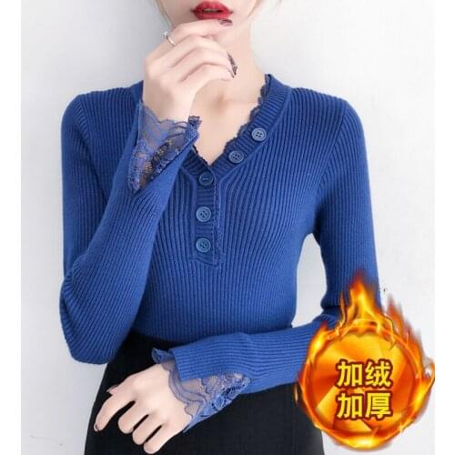 Sweet Patchwork Lace knit Sweater Women Elegant Buttons V-Neck Thick Sweaters Slim Flare Sleeve plus Velour winter clothes Mw968