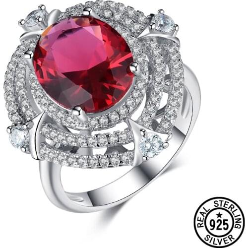 Real 925 Sterling Silver Ring Luxury Giant Created Gemstone Garnet Crystal CZ Women Rings Birthday Anniversary Gifts Jewelry