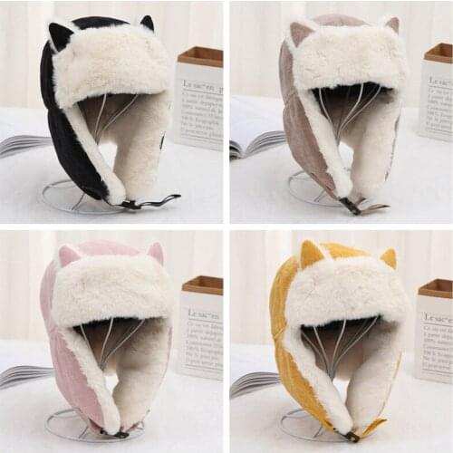 Winter Women Bomber Hat Cute Cat Ears Lei Feng Hat Warm Thick Cashmere Cycling Windproof Ear Protection Outdoor Russia Ski Cap