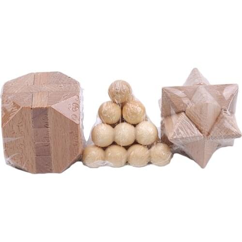 3 PCS/Set Adult Wooden Puzzle Lock Toy Kong Ming Lock Lu Ban Lock Wooden Boxed three-piece Jupiter Pyramid Tetradecahedron