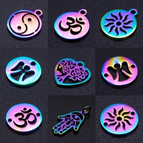 5pcs/lot Stainless Steel Rainbow Color Yin Yang diy Jewelry Making Charm Wholesale OM Necklace Pendant Sun Connector Charms