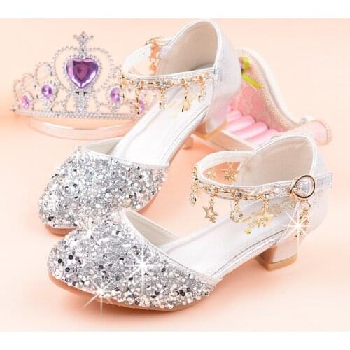 Princess Kids Leather Shoes For Girls Casual Glitter Children High Heel Dance Girls Shoes Pendant Rhinestones Pink Silver