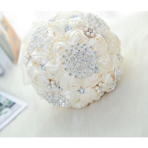 DIA 20CM Handwork Ivory Ribbon Artificial Wedding Holding Bouquet Flower Mosaic Crystal Pearl Bridal Bridesmaid Wedding Bouquet