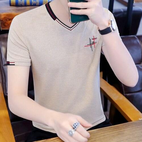 Short-Sleeved Mens Summer Fashion Short-Sleeved T-shirt Mens Collar Slim Style in Korean Version All-match Bottoming Shirt