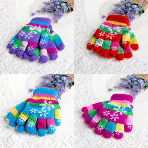 Autumn Winter Children Bilayer Thickened Snow Print Colored Yarn Knit Gloves Drop Ship