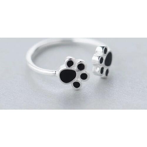 Daisies New Arrival 925 Sterling Silver Jewelry Dog Cat Paw Print Black Enamel Ring For Women Girl Cute Pet Lover Animal Gift