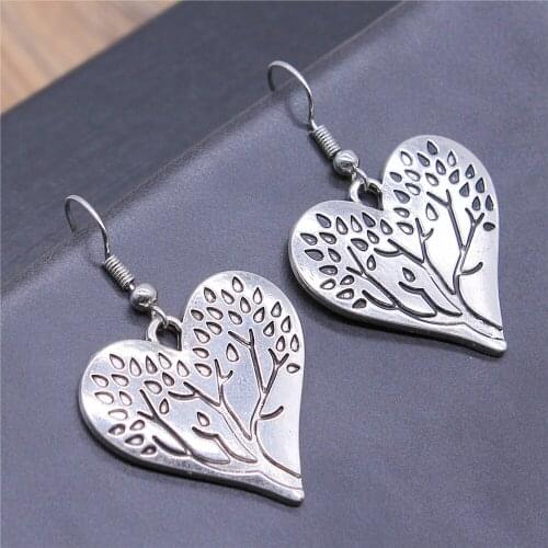 Vintage Antique Silver Color 28x26mm Heart Tree Of Life Charms Dangle Earrings Drop Earrings For Women
