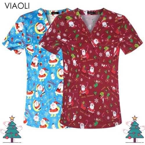 Christmas Printing Medical Tops Unisex Pet Clinic Doctor Scrubs Workwear Short Sleeved V-neck Hospital Nurse Work Tops T-shirt