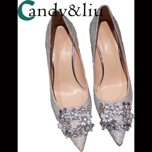 Silver crystal shoes bride wedding dress single shoes women with a hundred water drill square buckle pointed heels wedding shoes