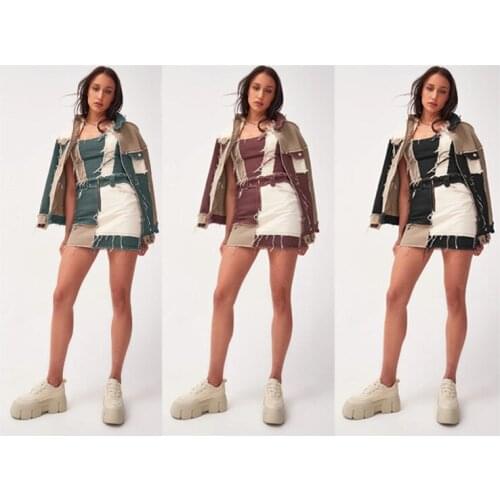 Womens Skirt Middle Waist Buttock Wrapping Splicing Color Block Short Dress for Female Black Green Coffee