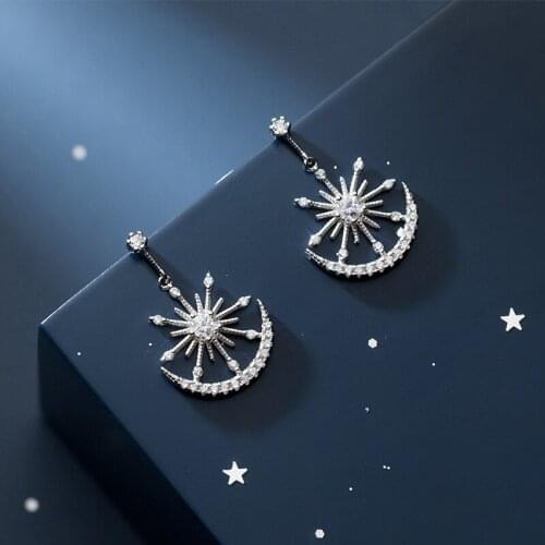 S925 Sterling Silver Color micro-set Shiny Zircon Star Moon Temperament Dangle Earrings For Women Lady Daughter Jewelry