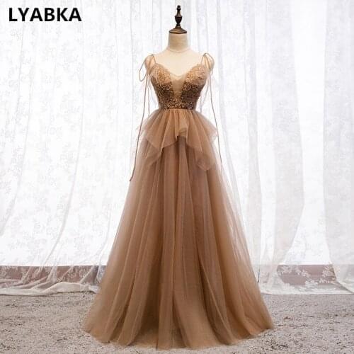 Sweetheart A-line Evening Dress Robe De Soiree Dark Yellow Tulle With Appliques Evening Dresses Long Dress 2020 Vestido De Festa