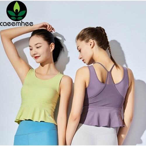 CAEEMHEE Backless Ruffle Yoga Vest Padded Push Up Shockproof Sports Bra Soft Breathable Solid Fitness Running Workout Tank Top