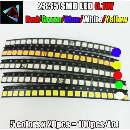 100pcs 2835 0.1W SMD LED 5 colors x 20pcs Diodes SMD LED 2835 Light Emitting Diode RED / Yellow / Green / White / Blue